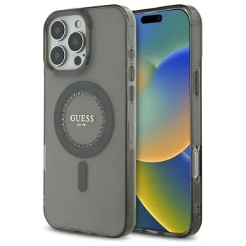 Guess dėklas iPhone 16 Pro telefonui IML Rhinestones MagSafe, juodas