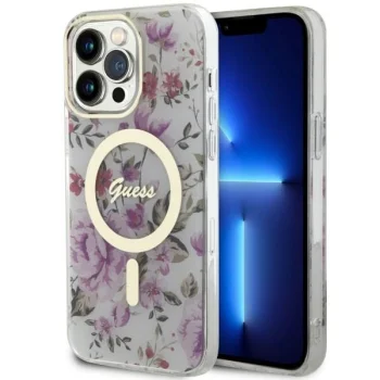Guess dėklas iPhone 14 Pro telefonui Flower MagSafe, skaidrus