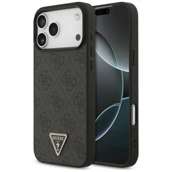 Dėklas Guess Leather 4G Triangle Strass MagSafe skirtas iPhone 17/18 Pro Max, juodas