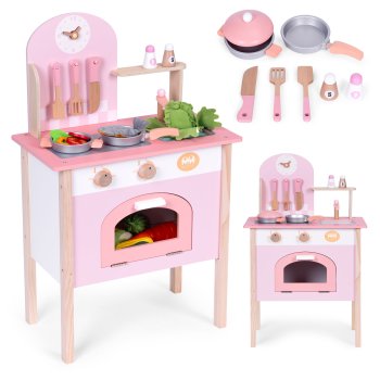 Medinė vaikiška žaislinė virtuvėlė su 8 priedais ECOTOYS 128612, rožinė