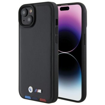BMW dėklas iPhone 15 Plus telefonui Leather Stamp Tricolor, juodas