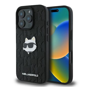 Karl Lagerfeld Monogram Choupette Head Pin dėklas iPhone 16 Pro, juodas