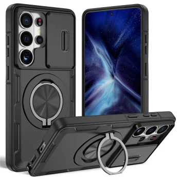 Samsung Galaxy S26 Ultra dėklas su kameros apsauga, stovu ir MagSafe, juodas