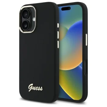 Guess Silicone Script Metal Logo & Frame Case for iPhone 16 Plus, Black