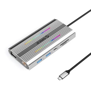 Orico XDR 12-in-1 USB-C doko stotelė su RGB, HDMI 4K, VGA, PD 100W, RJ45 ir kortelių skaitytuvu, sidabrinė