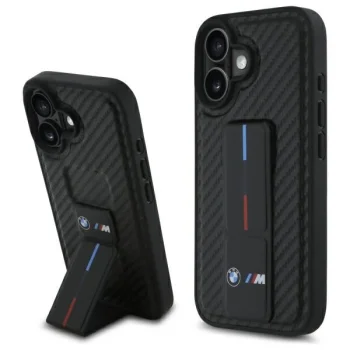 BMW dėklas iPhone 16 telefonui M Grip Stand Smooth and Carbon, juodas