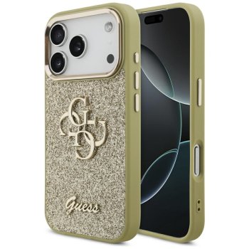 Guess Fixed Glitter Big 4G Metal Frame dėklas iPhone 17 Pro, auksinis