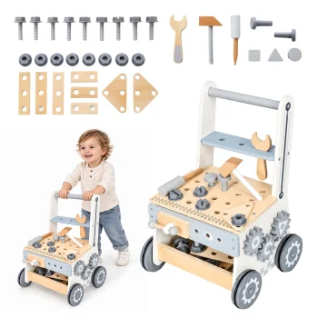 Medinis darbastalis vaikams ECOTOYS stumdukas vežimėlis su įrankiais 34 dalys