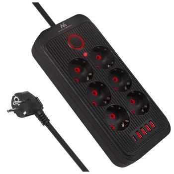 Maclean MCE391 B Power Strip, 6 Sockets, 4x USB-A, 1x USB-C, 2500W, 3m, Black