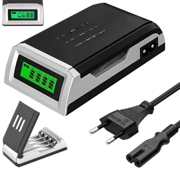 AA AAA Battery Charger with LCD Display, 4-Slot, Silver-Black