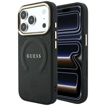 Guess Saffiano Peony & Ring MagSafe dėklas iPhone 17 Pro Max / 18 Pro Max, juodas