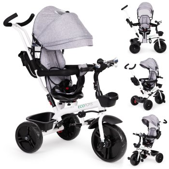 Triratukas Ecotoys JM-322 GREY su 360° sukamąja kėde, pilkas