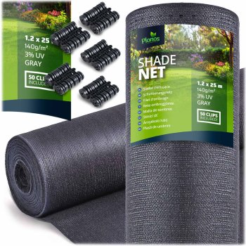 Plonos šešėliavimo tinklas 1.2x25 m, 140g/m² su 50 spaustukų, pilkas