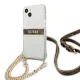 Guess dėklas iPhone 13 mini su ruda juostele ir auksine grandinėle, skaidrus