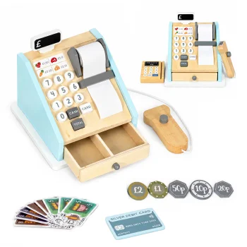ECOTOYS wooden toy cash register with scanner and payment terminal