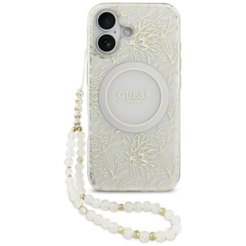 Guess IML Flowers Electro Pearl Strap MagSafe Case for iPhone 17, White