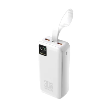 Išorinė baterija Wozinsky W8-W 30000mAh 30W su 2x USB-A, USB-C ir žibintuvėliu, balta