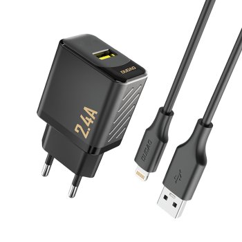 Dudao A23LEU GaN įkroviklis 2.4A USB-A su Lightning laidu, juodas