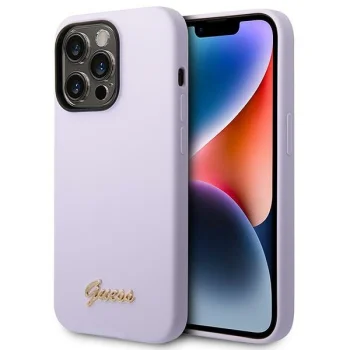 Guess dėklas iPhone 14 Pro Max telefonui Silicone Vintage Gold Logo, violetinis