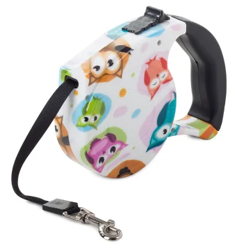 Retractable Dog Leash with Lock, 5m, up to 15kg, White with Owls
