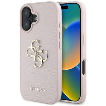 Guess Grained Big 4G Logo Small Classic Logo Case for iPhone 16, Pink