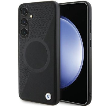 BMW dėklas Samsung Galaxy S24 Leather Half Textured & Circle MagSafe, juodas