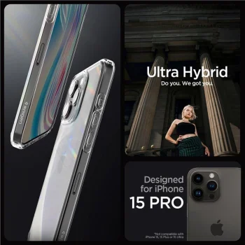 Spigen Crystal Hybrid dėklas iPhone 15 Pro telefonui, skaidrus