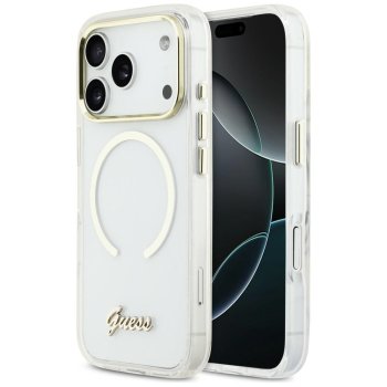 Guess IML Script Metal MagSafe skaidrus dėklas, skirtas iPhone 17 Pro