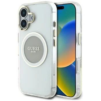 Guess IML Metal Colored Circle Classic Logo MagSafe Case for iPhone 16, Gray