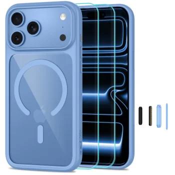 Tech-Protect MagOne CC MagSafe dėklas ir 2 apsauginiai stiklai iPhone 18 Pro / 17 Pro, skaidriai mėlynas