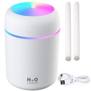 Mini Air Humidifier and Aroma Diffuser with USB and RGB Lighting, 300 ml, White
