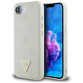 Guess Grained Hot Stamp Peony Triangle Logo MagSafe dėklas iPhone 16e, smėlinis