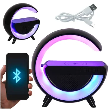 Daugiafunkcė RGB LED lempa su garsiakalbiu ir belaidžiu įkrovikliu, juoda