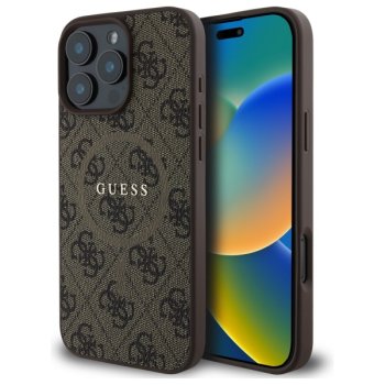 Guess dėklas iPhone 16 Pro Max telefonui 4G Ring Classic Logo MagSafe, rudas