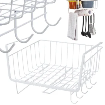 Under-Shelf Hanging Metal Basket with 5 Hooks and Paper Towel Holder, White