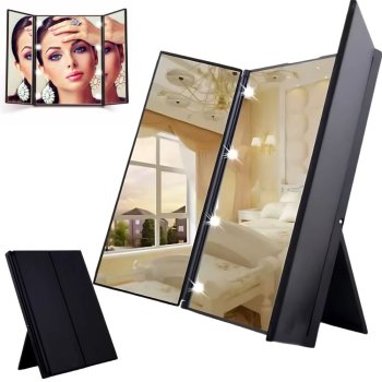 Foldable Cosmetic Makeup Mirror with LED Illumination and Stand, Black