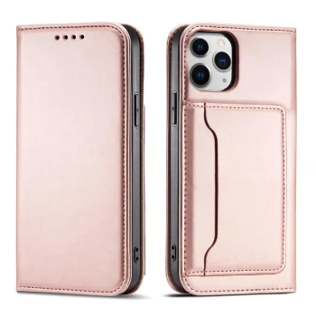 Atverčiamasis dėklas iPhone 12 Pro Max su kortelių kišenėmis ir stovu, rožinis