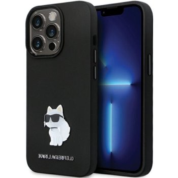 Karl Lagerfeld dėklas iPhone 14 Pro, Silicone Choupette Metal Pin, juodas