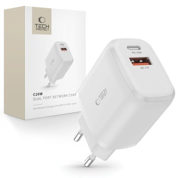 Tech-Protect C20W įkroviklis USB-C PD 20W / USB-A QC 3.0 - baltas
