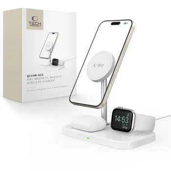 Belaidis įkroviklis Tech-Protect QI15W-A22 MagSafe 3in1, baltas