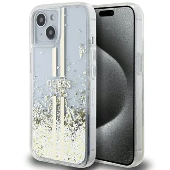 Guess dėklas iPhone 15 Plus / 14 Plus Liquid Glitter Gold Stripes, skaidrus