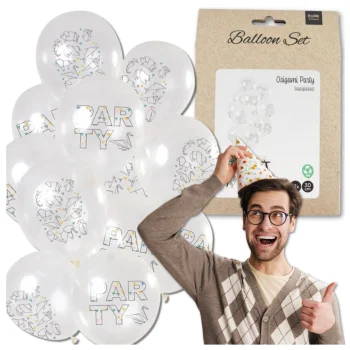 Bakalu permatomi balti balionai Party Origami, 12 vnt.