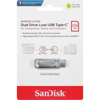 SanDisk Ultra Dual Drive Luxe 256 GB USB-A and USB-C flash drive, silver