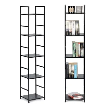 Modernhome LOFT medinė lentyna su metaliniu rėmu, 5 lentynos, juoda