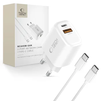 Tech-Protect NCA45W-GAN 2-Port 45W Wall Charger with USB-C Cable, White
