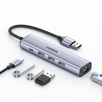 Ugreen CM475 USB 3.0 šakotuvas su RJ-45 ir USB-C PD, pilkas