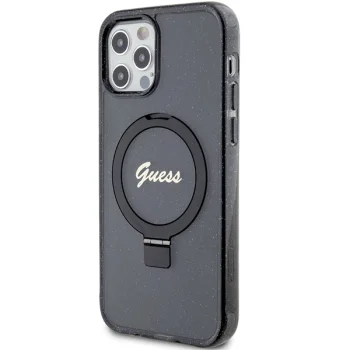 Guess Ring Stand Script Glitter MagSafe dėklas iPhone 12 / 12 Pro, juodas