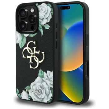 Guess dėklas iPhone 16 Pro Max Grained Roses Big 4G Logo, juodas