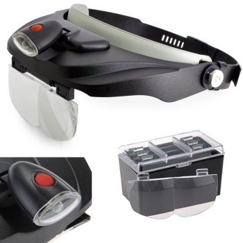 Head Magnifier with LED Light and 4 Interchangeable Lenses (up to 3.5x), Black
