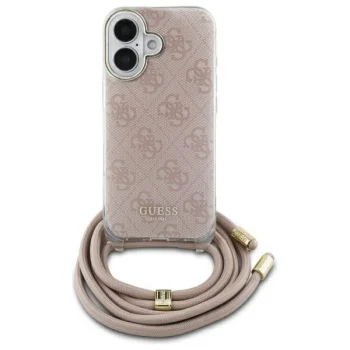 Guess iPhone 16 dėklas Crossbody Cord 4G Print, rožinis